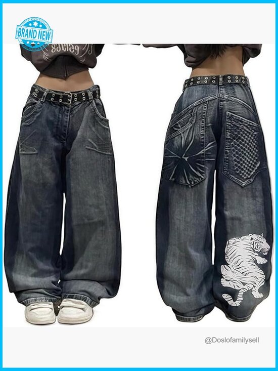 Denim - Unisex Y2K Graphic Print Baggy Jeans High Waist Wide Leg Streetwear Denim